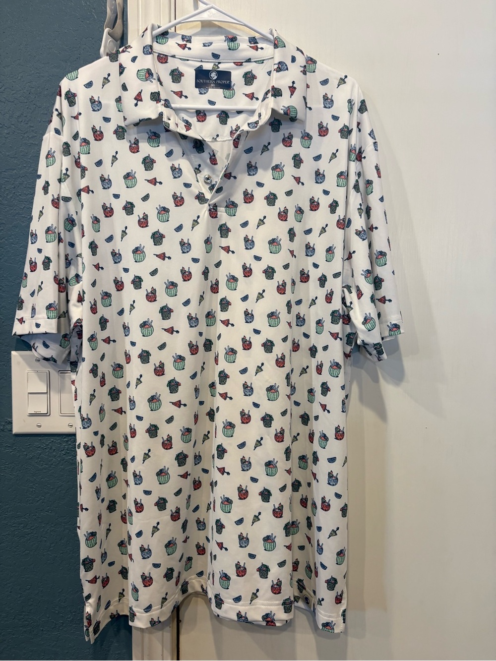 Southern Proper White Polo with Red, Blue and Green Novelty cocktail Print XL